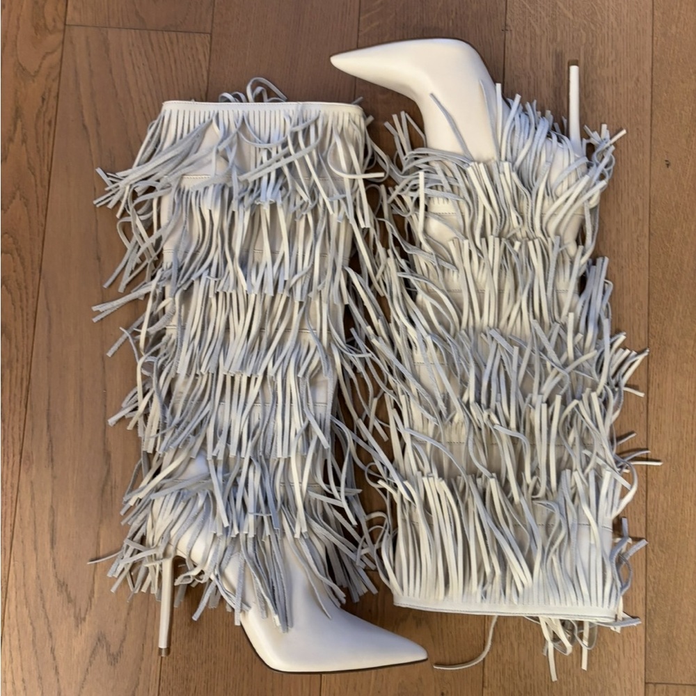 Steve Madden White Fringe Heeled Boots